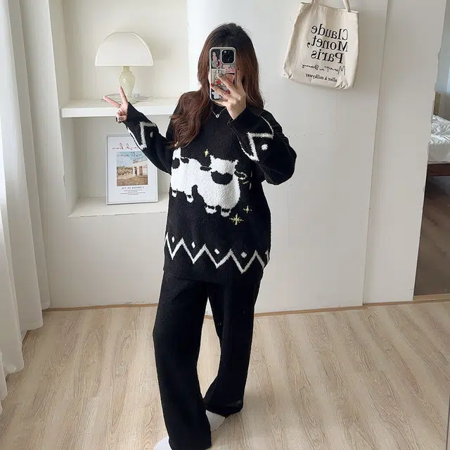 宫蝶 保暖半边绒卡通家居服加厚柔软休闲可外穿防寒冬季睡衣套装 女款