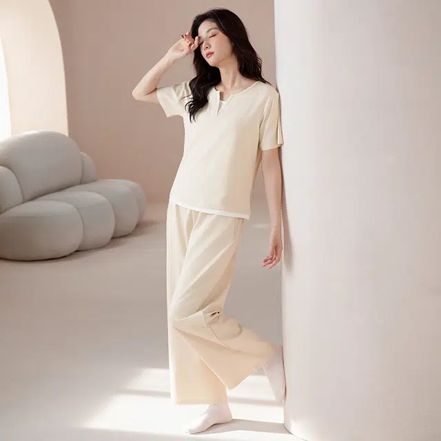 宫蝶 短袖纯棉可外穿休闲家居服简约假两件睡衣套装 女款