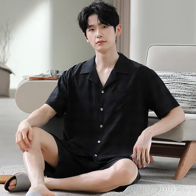 宫蝶 简约时尚短袖家居服休闲复古风可外穿睡衣套装 男款 黑色