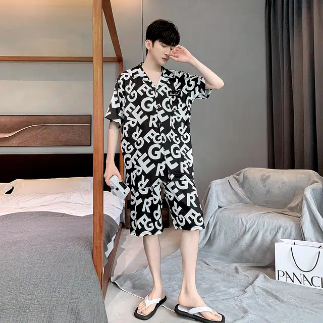 宫蝶 短袖冰丝薄款家居服字母满印休闲可外穿睡衣套装 男款 黑色