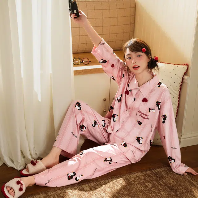 宫蝶 纯棉长袖卡通家居服休闲可外穿宽松开衫睡衣套装 女款