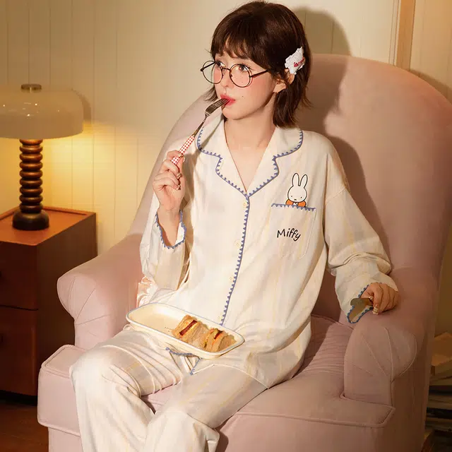 宫蝶 米菲纯棉长袖卡通休闲家居服可外穿宽松开衫睡衣套装 女款 礼盒装