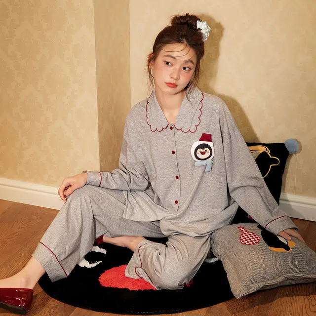 宫蝶 小企鹅纯棉长袖抗菌家居服休闲可外穿宽松开衫睡衣套装 女款