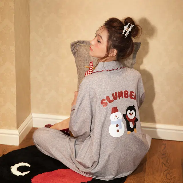 宫蝶 小企鹅纯棉长袖抗菌家居服休闲可外穿宽松开衫睡衣套装 女款