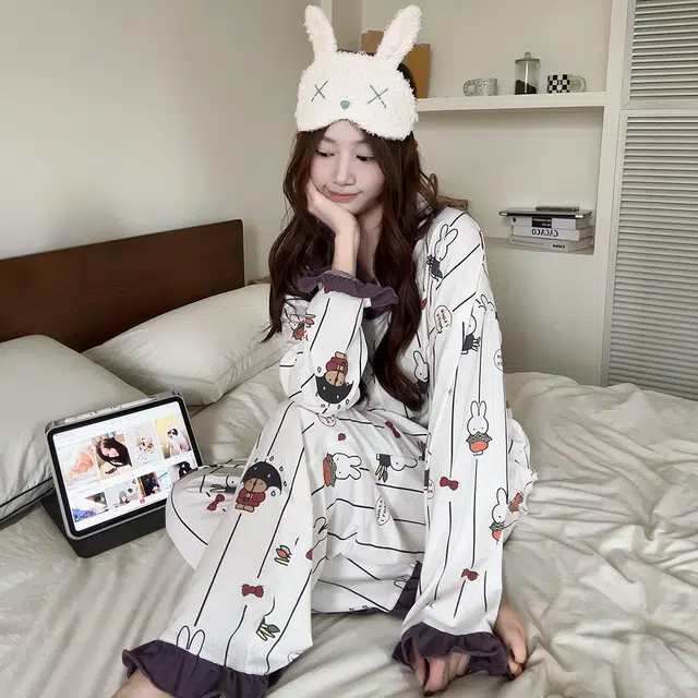 宫蝶 米菲纯棉长袖抗菌卡通休闲宽松家居服可外穿甜美风开衫睡衣套装 女款 礼盒装