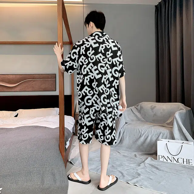 宫蝶 短袖冰丝薄款家居服字母满印休闲可外穿睡衣套装 男款 黑色