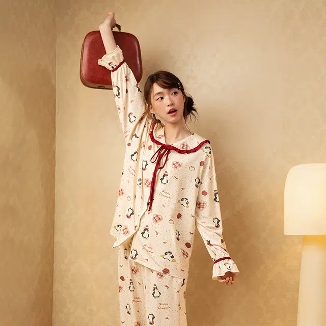 宫蝶 纯棉长袖卡通休闲宽松家居服可外穿开衫甜美风睡衣套装 女款