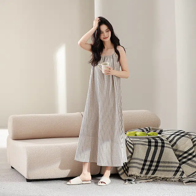 宫蝶 简约甜美家居服可外穿休闲无袖吊带睡裙 女款 米色