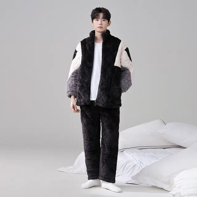 宫蝶 冬季加厚保暖三层夹棉珊瑚绒睡衣家居服简约可外穿 男款 家居套装  黑色