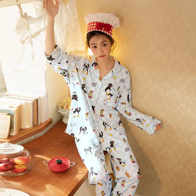 宫蝶 小企鹅纯棉长袖可爱家居服卡通休闲可外穿宽松开衫睡衣套装 女款