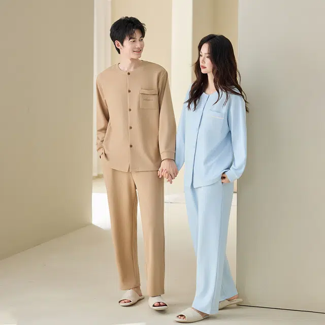 宫蝶 简约风长袖德绒开衫宽松休闲家居服可外穿大码睡衣套装 男女同款