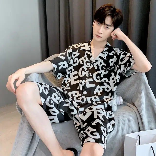 宫蝶 短袖冰丝薄款家居服字母满印休闲可外穿睡衣套装 男款 黑色