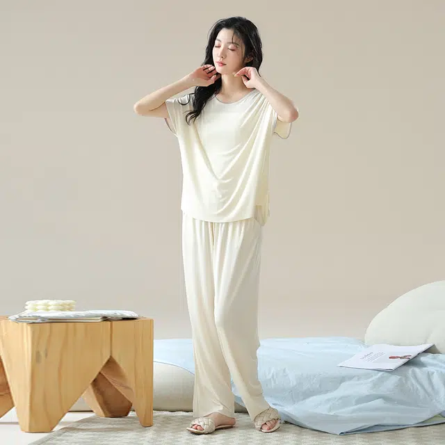 宫蝶 圆领套头舒适短袖上衣纯色中腰长裤睡衣套装 女款