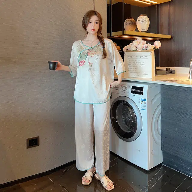 宫蝶 新中式系列 冰丝薄款半袖家居服中国风长裤睡衣套装 女款 杏色