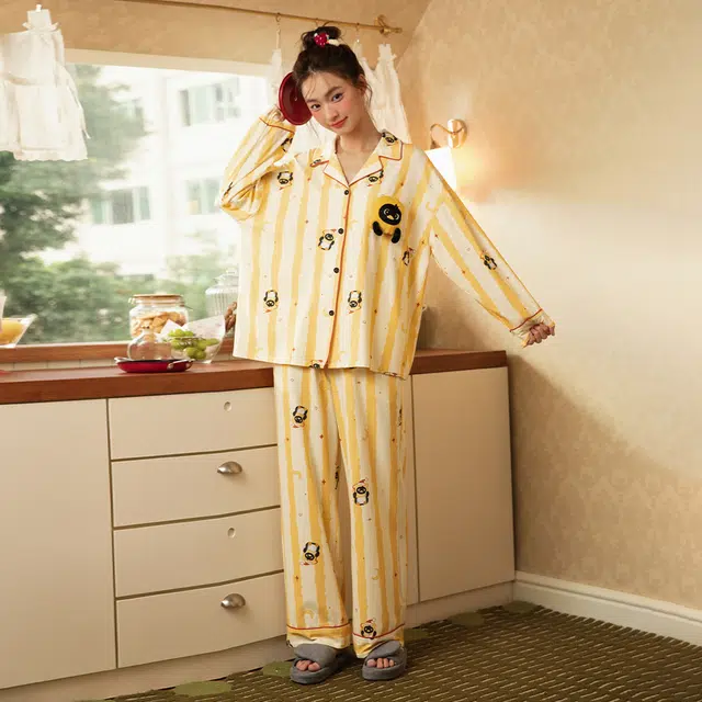 宫蝶 小企鹅纯棉长袖卡通家居服宽松休闲可外穿条纹开衫睡衣套装 女款