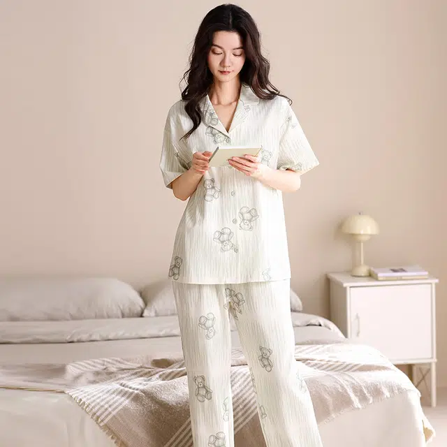 宫蝶 纯棉短袖卡通甜美风家居服可外穿休闲开衫长裤睡衣套装 女款 白色