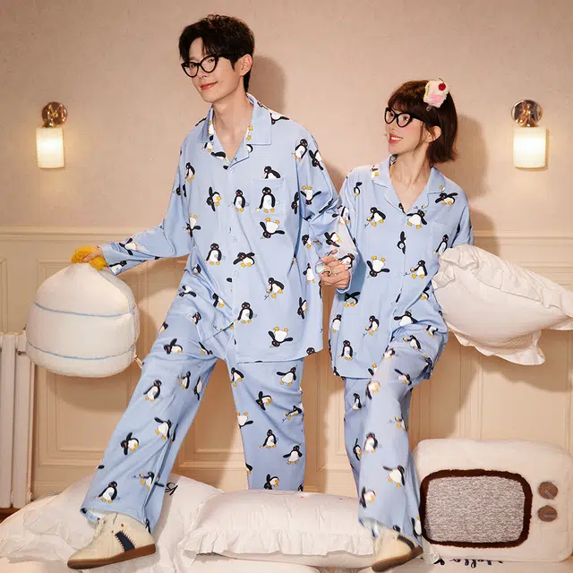 宫蝶 小企鹅纯棉长袖卡通家居服宽松满印休闲可外穿开衫睡衣套装 女款