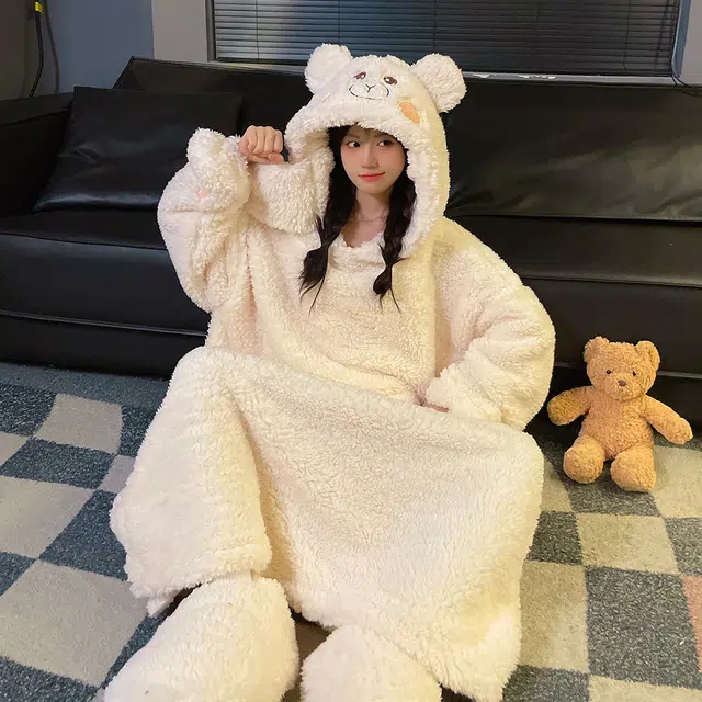 宫蝶 蓄温卡通家居服保暖可外穿可爱睡袍/浴袍 女款 白色