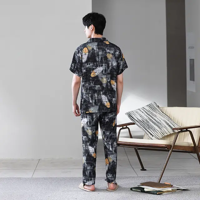 宫蝶 东南亚风情系列 冰丝短袖长裤度假风可外穿家居服条纹开衫薄款休闲大码睡衣套装 男款 黑色