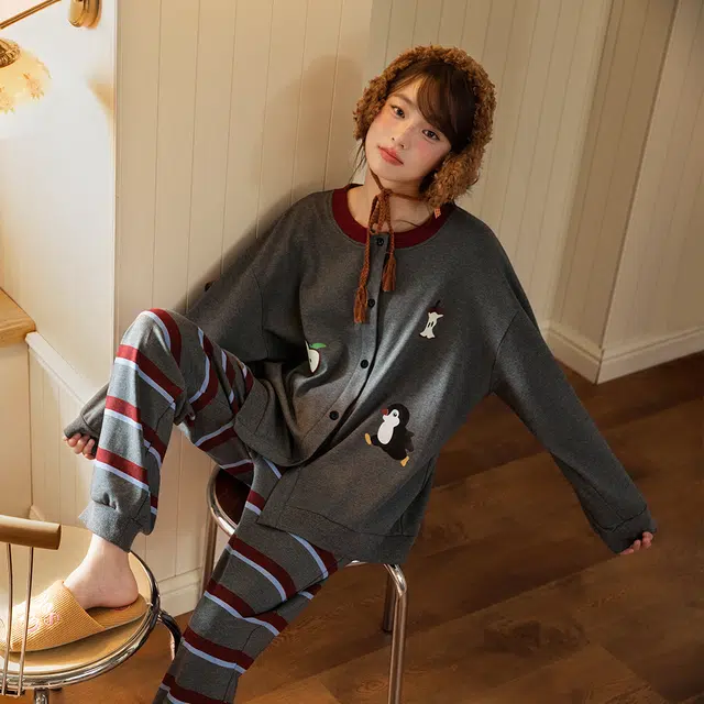 宫蝶 小企鹅纯棉长袖家居服宽松卡通休闲可外穿开衫睡衣套装 女款