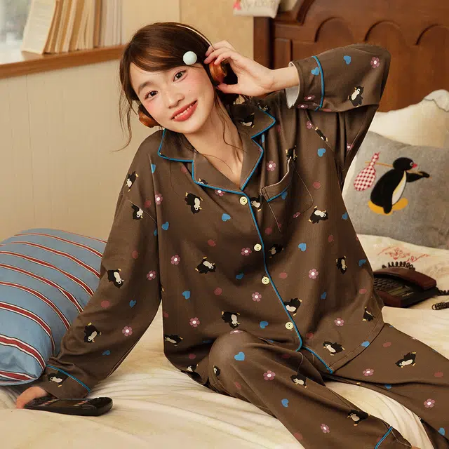 宫蝶 小企鹅纯棉长袖卡通满印家居服宽松休闲可外穿开衫睡衣套装 女款