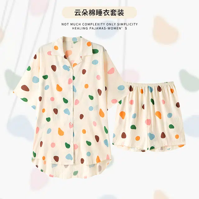 宫蝶 柔软短袖家居服休闲满印可外穿蝙蝠袖开衫睡衣套装 女款 杏色