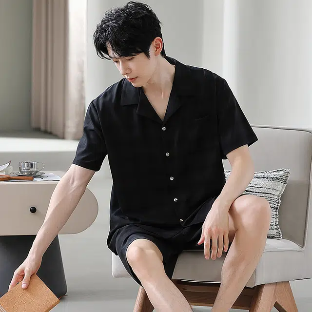 宫蝶 简约时尚短袖家居服休闲复古风可外穿睡衣套装 男款 黑色