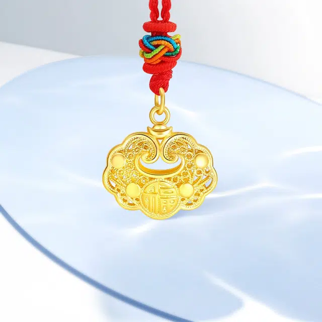 完美爱 福运金锁吊坠 国潮招财转运富贵锁骨链 #好运 足金 按克计价 黄金项链 儿童款