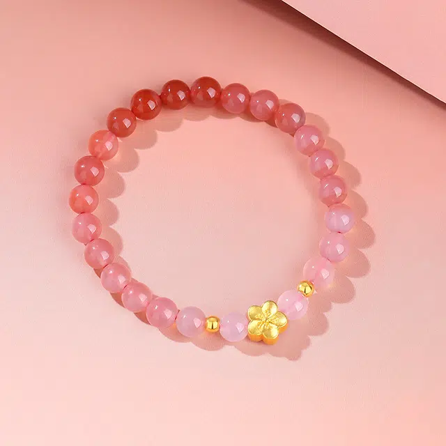 完美爱 桃花福气满满手饰 旺桃花玛瑙串珠 足金 一口价 黄金手串 女款