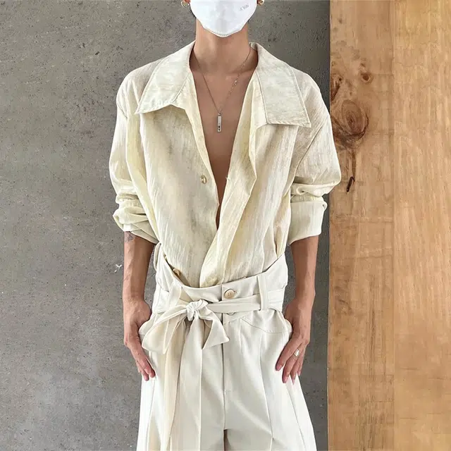 悍戈 美式高街复古山本风纯色肌理感两粒扣荡领舒适柔软宽松休闲翻领长袖衬衫 男女同款
