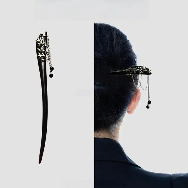 暖瞳 新中式国风设计古典元素镂空轻奢精致浪漫流苏步摇小众品味精致 黑檀木 发簪 女款