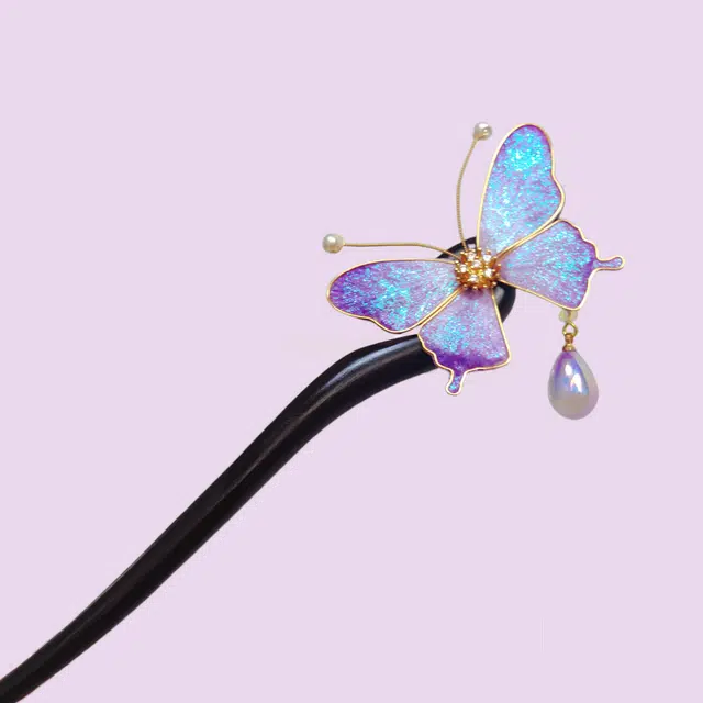 暖瞳 非遗精品传承手工蚕丝绒花发钗缠花蝴蝶精致仙气 黑檀木 发簪 女款