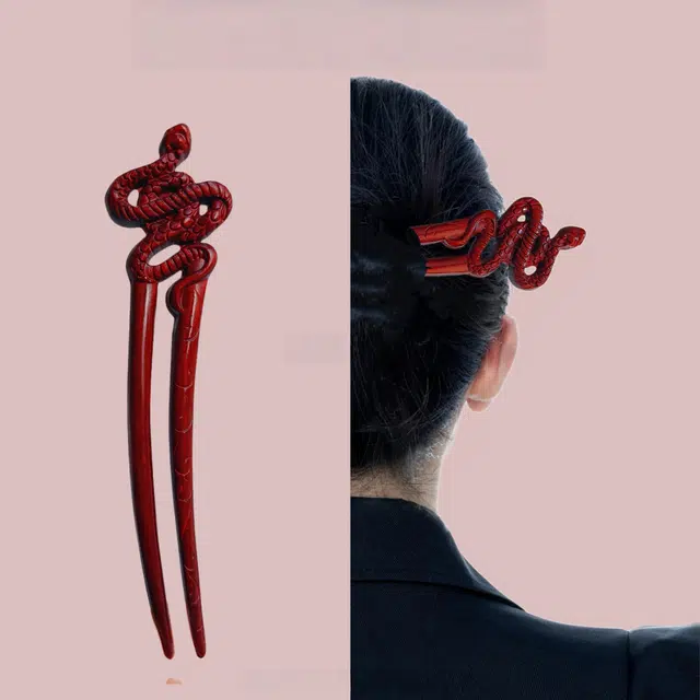 暖瞳 动物蛇形精致双面发钗中式简约古典双钗簪子 紫光檀木 发簪 女款