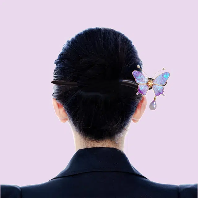 暖瞳 非遗精品传承手工蚕丝绒花发钗缠花蝴蝶精致仙气 黑檀木 发簪 女款