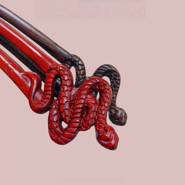 暖瞳 动物蛇形精致双面发钗中式简约古典双钗簪子 紫光檀木 发簪 女款