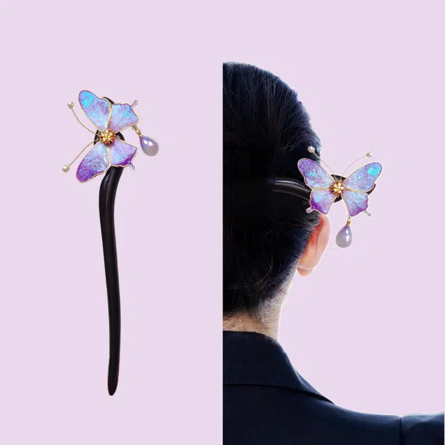 暖瞳 非遗精品传承手工蚕丝绒花发钗缠花蝴蝶精致仙气 黑檀木 发簪 女款