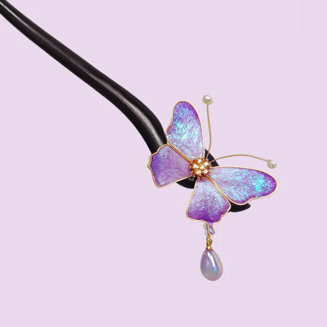 暖瞳 非遗精品传承手工蚕丝绒花发钗缠花蝴蝶精致仙气 黑檀木 发簪 女款