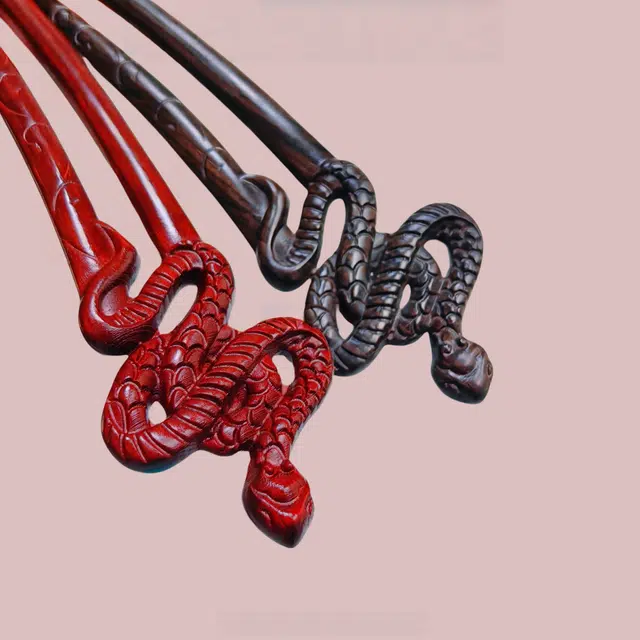 暖瞳 动物蛇形精致双面发钗中式简约古典双钗簪子 紫光檀木 发簪 女款