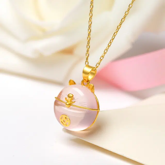雅生珠宝 芙蓉石招财猫吊坠 粉嫩萌喵#好运 足金 一口价 黄金项链 女款