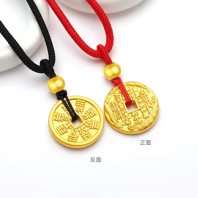 雅生珠宝 山鬼花钱吊坠 平安扣转运珠锁骨链黑绳 国潮古法工艺精致创意 手工编绳可调节#好运 足金 按克计价 黄金项链 男女同款情侣款