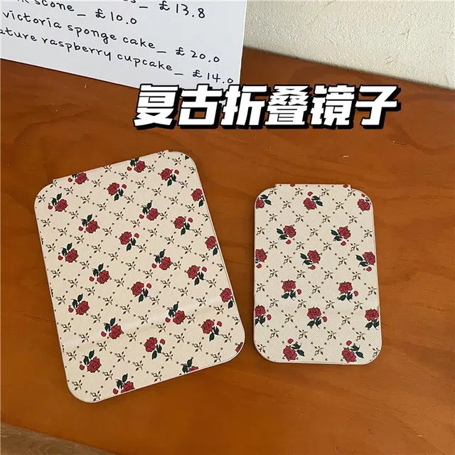 几多萌 奶蓝色复古碎花 折叠镜 学生宿舍家用 便携化妆镜 高清梳妆镜 美容工具