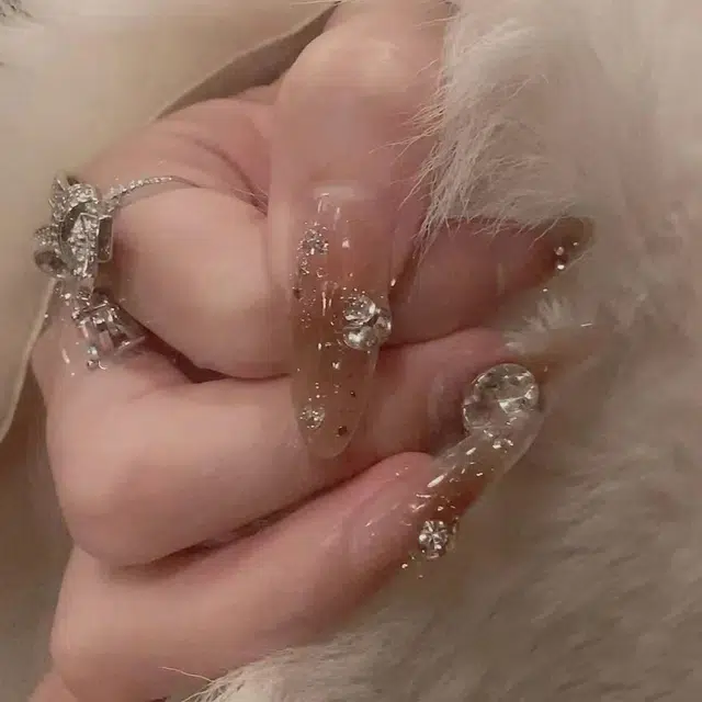 几多萌 繁花手工穿戴甲片高级感手绘彩色小花可拆卸  杏仁椭圆长款咖色晕染