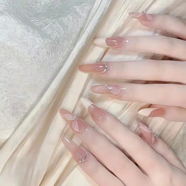 几多萌 气质文艺法式丝带美甲穿戴甲手作高级假指甲手工甲片  杏仁白色裸色