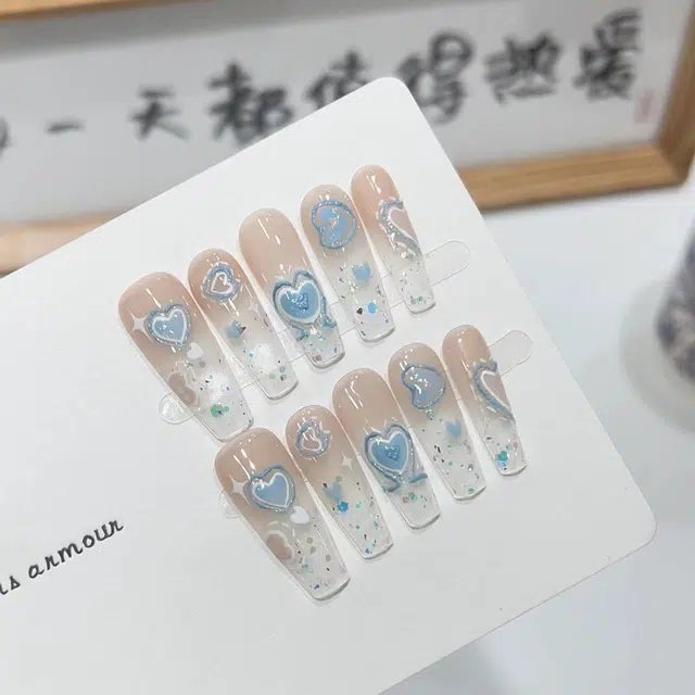 几多萌 【薄荷海盐】夏季穿戴甲手作高级感手绘美甲成品清新假指甲可拆卸  梯型长款蓝色裸色 细闪