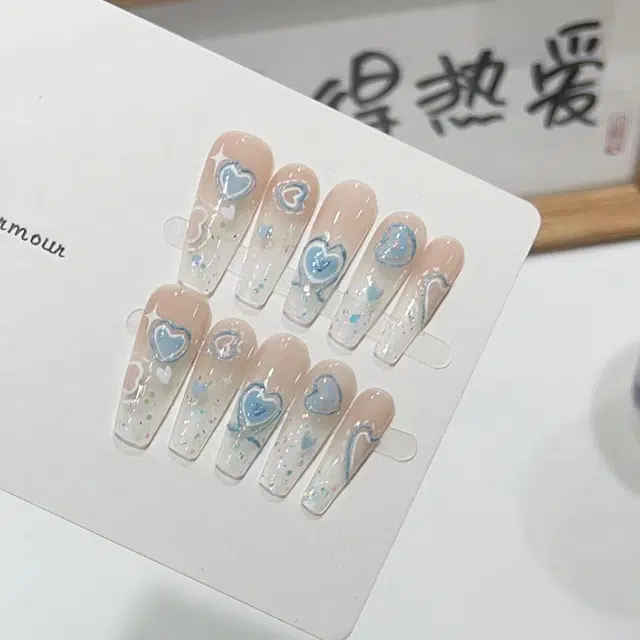 几多萌 【薄荷海盐】夏季穿戴甲手作高级感手绘美甲成品清新假指甲可拆卸  梯型长款蓝色裸色 细闪