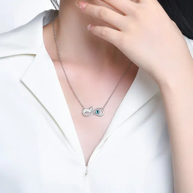 恋朵 无穷大蓝眼睛小猫咪  银色 项链 男款