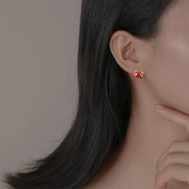 恋朵 新中式 生肖顺利 萌虎耳饰 玛瑙 耳钉 女款