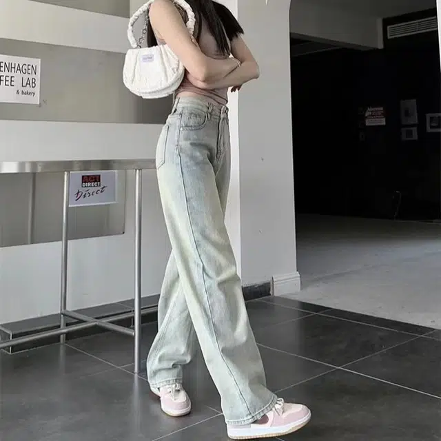拉夏贝尔 美式复古简约舒适宽松高腰阔腿牛仔裤 女款 浅蓝色