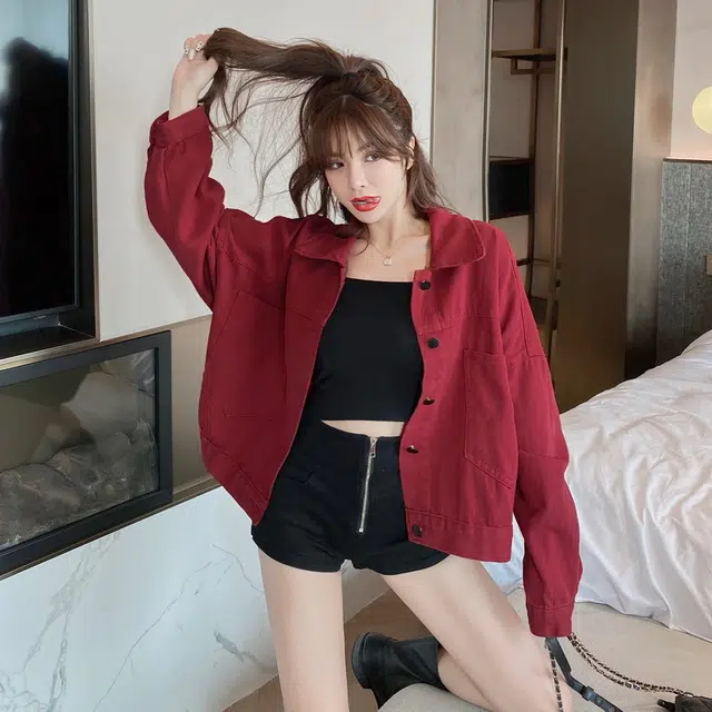 拉夏贝尔 开衫韩版翻领落肩单排扣牛仔外套 女款 酒红色