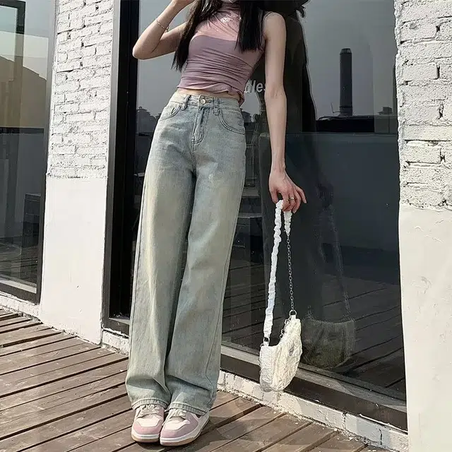 拉夏贝尔 美式复古简约舒适宽松高腰阔腿牛仔裤 女款 浅蓝色